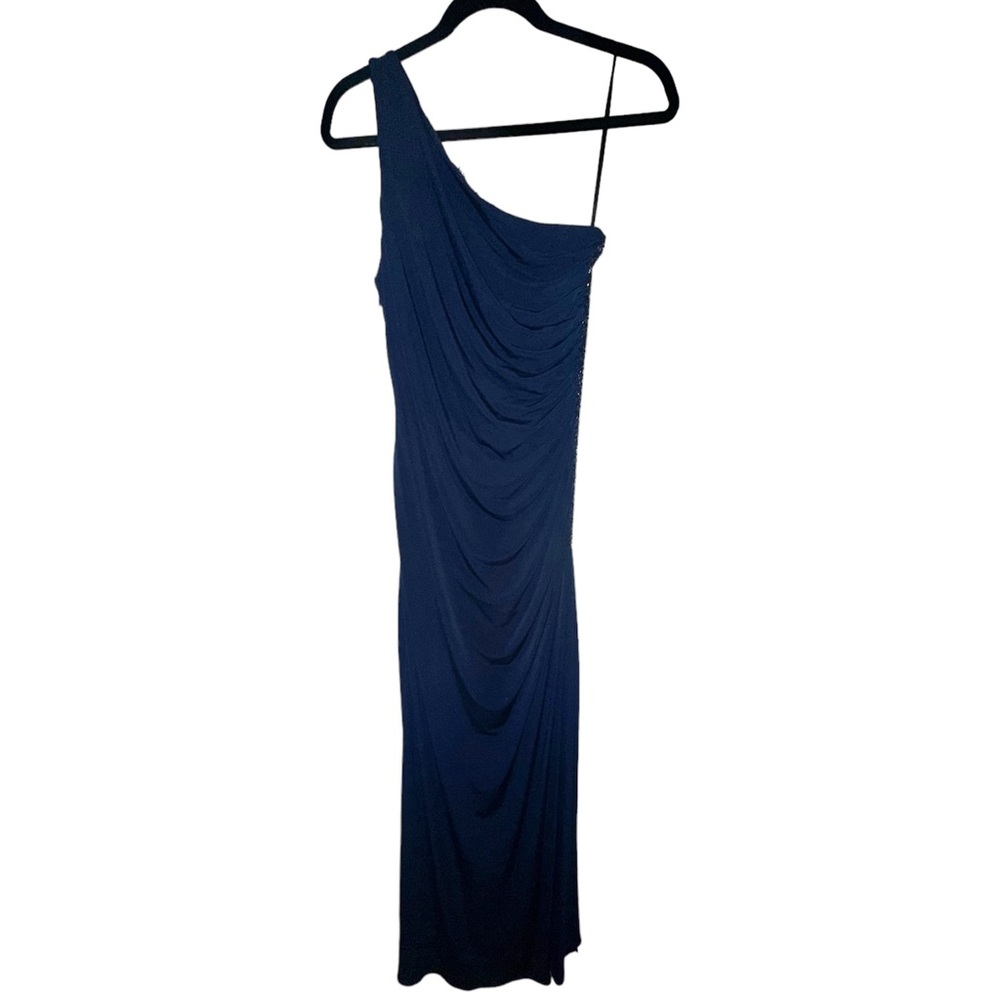 Laundry by Shelli Segal Navy One Shoulder Ruched Gown (Size 10)